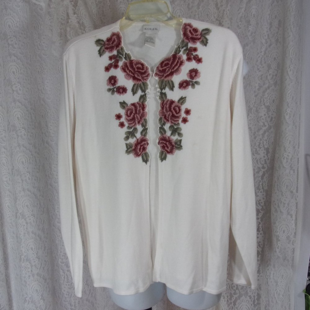 Koret Off White Sweater Cardigan 2fer Yarn Rose Embroidery Size L  NWOT